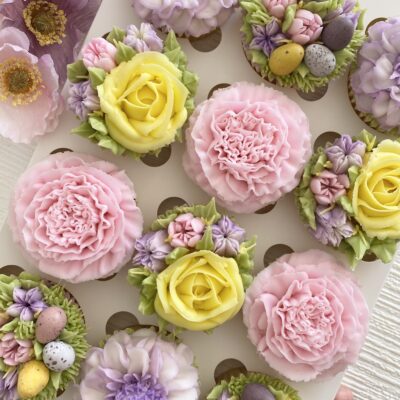 Vanilla cupcakes with buttercream florals.