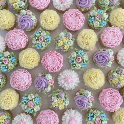 Vanilla cupcakes with buttercream florals.
